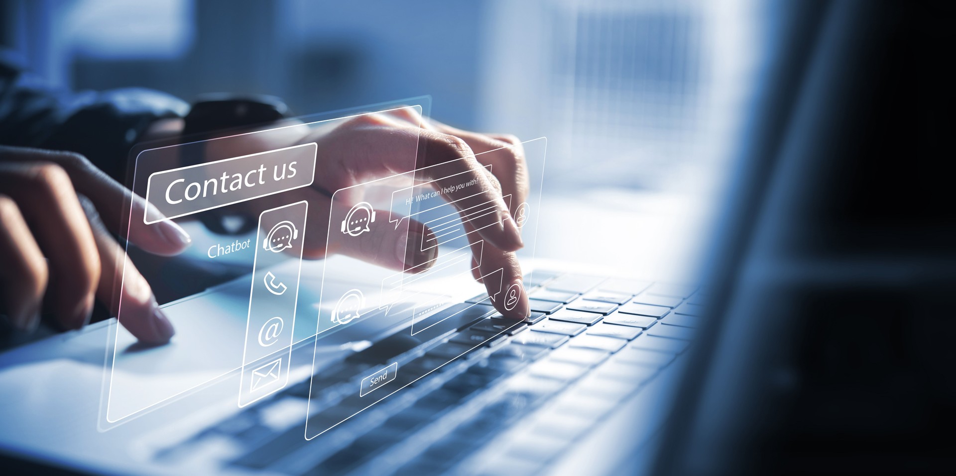 Chatbot conversation assistant. Person using online customer service with chat bot to get support. Artificial intelligence and CRM software technology, customer support center, CONTACT US