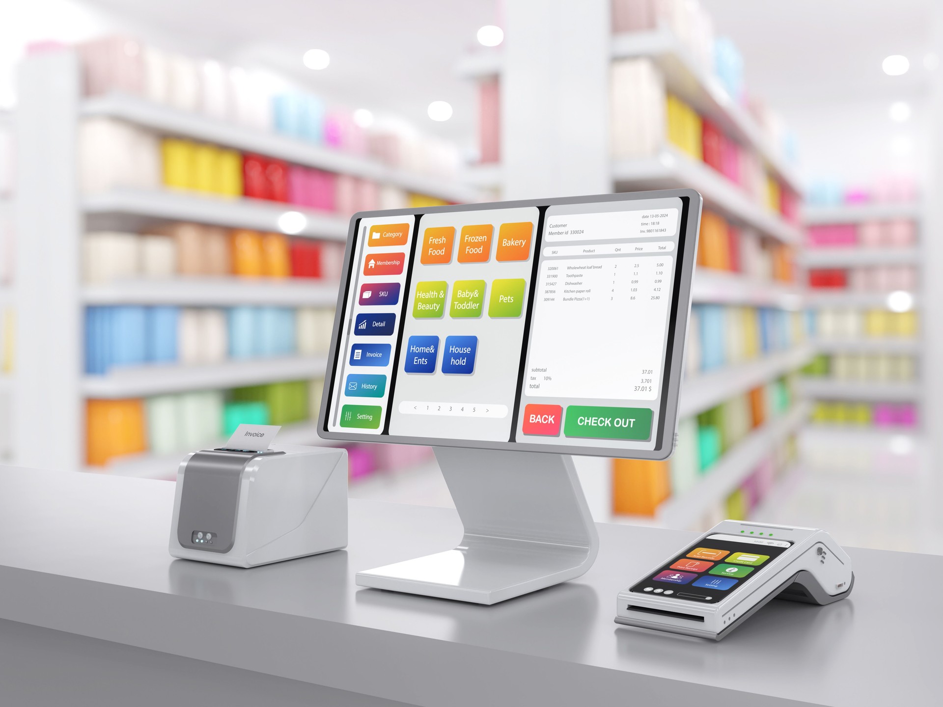 Point of sale system or cash register machine on desk