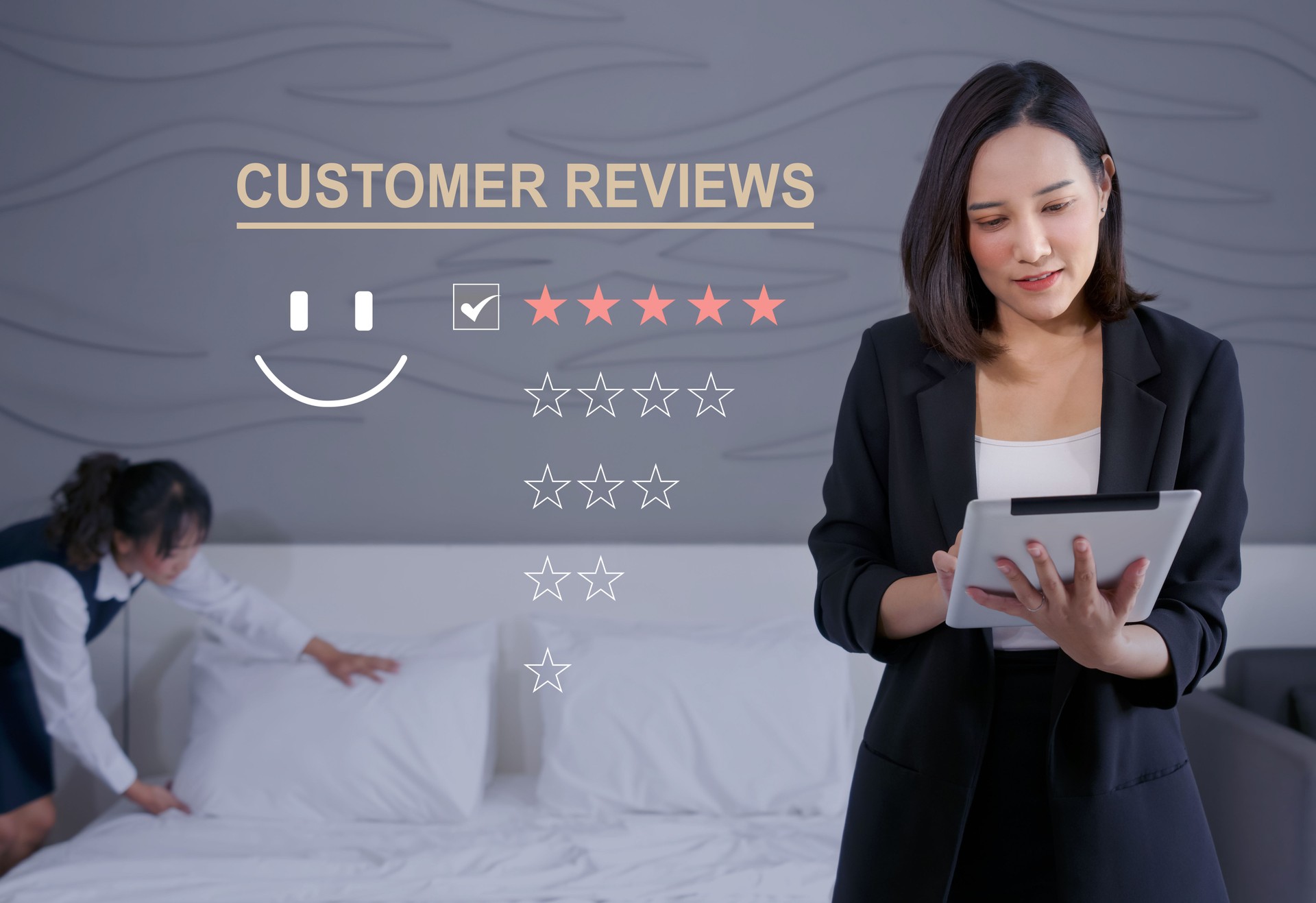 Customer review satisfaction feedback survey concept, User give rating to service experience on tablet computer, evaluate quality of service leading to reputation ranking of hotel business.