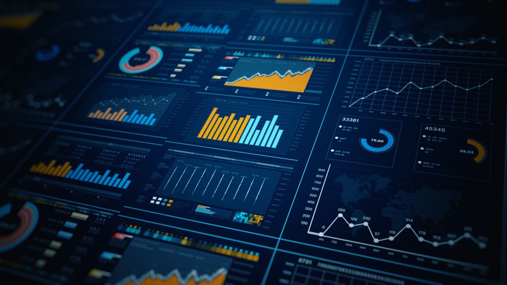 Data analytics dashboard display. Business and financial investment. HUD infographic of financial. Information reports of business strategy for investment. 3d rendering